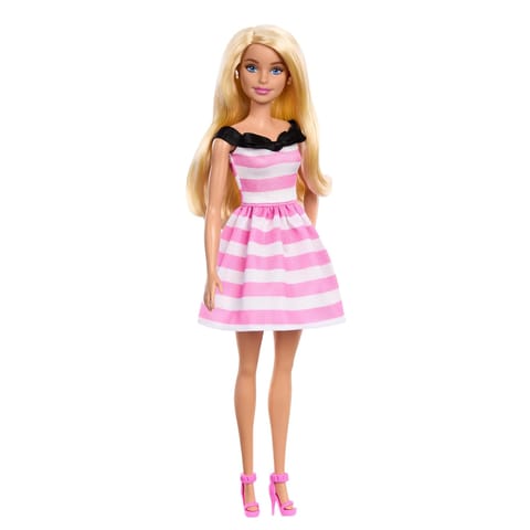 Barbie Doll and Accessories, 65th Anniversary Commemorative Doll with Blonde Hair, Pink and White Striped Dress with Matching Heels
