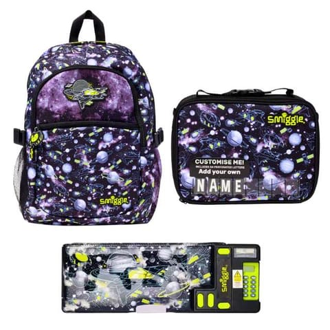 Smiggle Fly High Square Attach Id Lunchbox, Classic Attach Backpack, Pop Out Pencil Case - Black