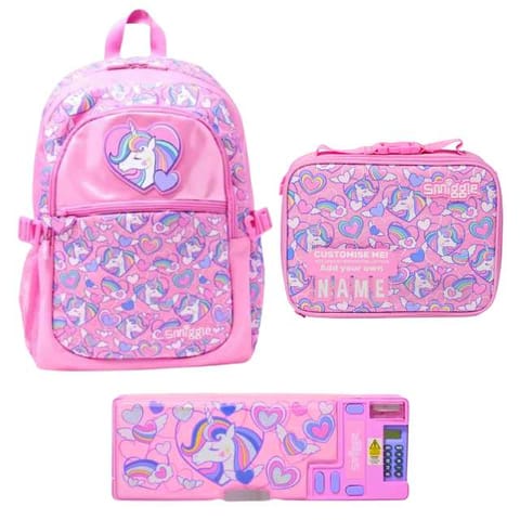 Smiggle Fly Hi Classic Backpack, Square Attach Id Lunchbox And Pop Out Pencil Case - Unicorn Pink