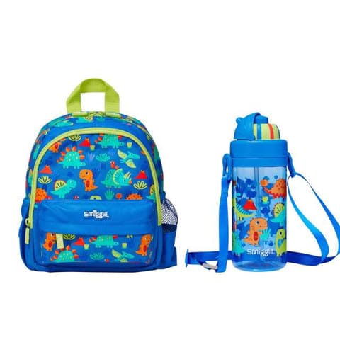 Smiggle Glide Teeny Tiny Backpack And Plastic Drink Bottle With Strap 400 ml Mid Blue Dinosaur Theme