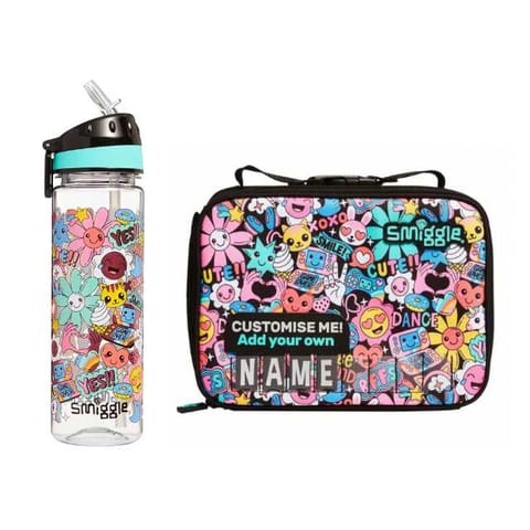 Smiggle Bright Side Drink Bottle 650ml And Square Id Attachable Lunch Box - Black