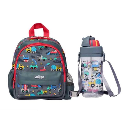 Smiggle Glide Teeny Tiny Backpack And Plastic Drink Bottle With Strap 400 ml Grey Transport Theme