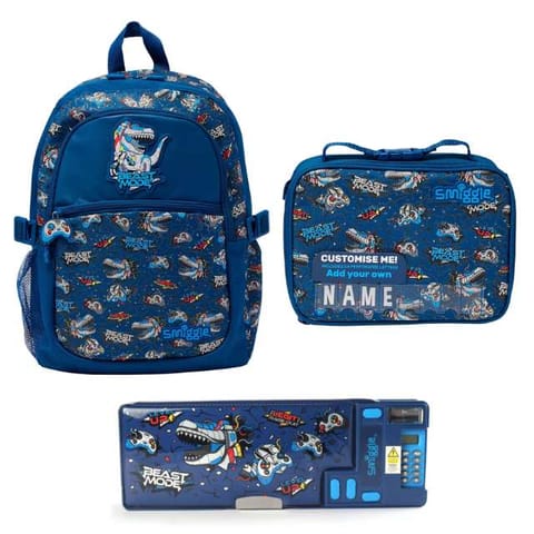 Smiggle Beast Mode Fly High Classic Attach Backpack, Square Attachable Lunchbox And Pop Out Pencil Case
