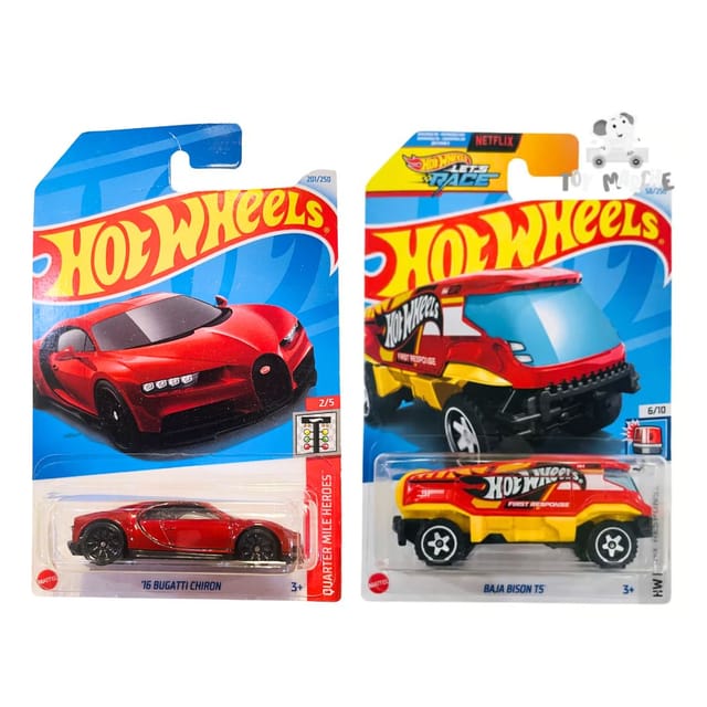 Hot Wheels Quarter Mile Heroes '16 Bugatti Chiron And HW First Response Baja Bison T5