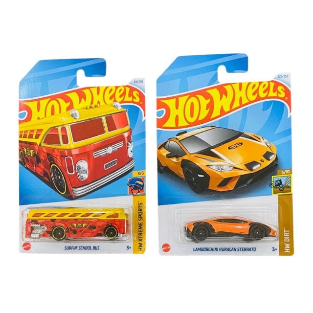 Hot Wheels HW Dirt Lamborghini Huracan Sterrato and HW Xtreme Sports Surfin' School Bus