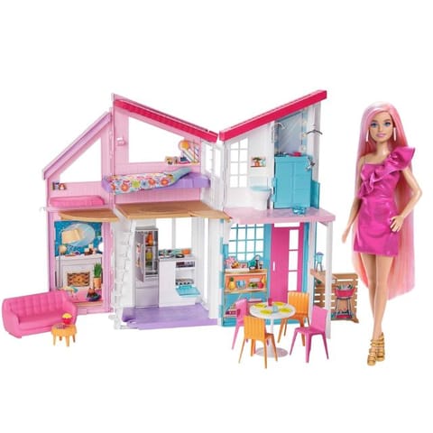 Barbie Estate Malibu House Playset With Barbie Fun & Fancy Hair Doll With Extra-Long Colorful Blonde Hair And Styling Accessories