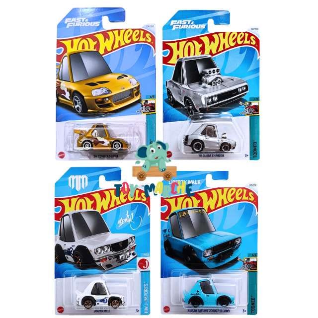 Hot Wheels Tooned '70 Dodge Charger, HW J-Imports Mazda RX-3, Tooned '94 Toyota Supra And Nissan Skyline 2000GT-R LBWK