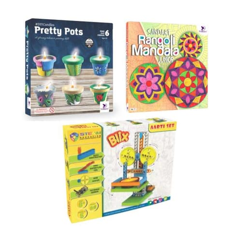 Diwali Combo - Toykraft Sand Art Rangoli Mandala Junior, Candles From Pretty Pots And Blix Aarti Robotics Set